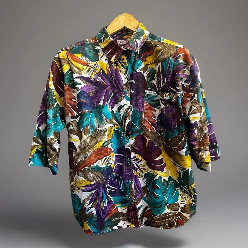 Vintage Cabrais Tropical Button Shirt Watercolor Jungle Leaf Print 3/4 Sleeve XL